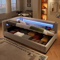 Merax daybed Daybed 90x200 cm, contenitore idraulico, striscia luminosa a LED con telecomando, testata con USB e Type-C, divano letto, daybed, beige