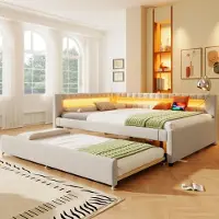 Merax daybed Daybed 140x200 cm, con letto estraibile 90x190 cm, LED, USB e Type-C, divano letto, divano letto, beige