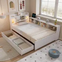 STILVORA 90×200 letto per ragazzi con armadietti laterali e cassetti, letto per ragazzi con testiera, vano contenitore + 2 luci, letto singolo in legno, senza materasso, bianco