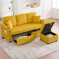 LVHOM Divano angolare modulare con LED e USB, divano a 3 posti con pouf e cassetti, divano imbottito in tessuto a coste, giallo