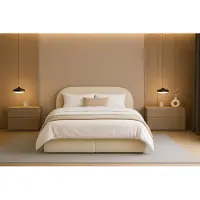 Sofello Letto boxspring 120-200x200, forma arrotondata Moon Box 200x200, tessuto bouclé color crema. Letto imbottito moderno con contenitore! Possibilità di acquistare un pouf abbinato!