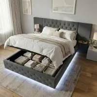 LVHOM Letto imbottito 160x200 cm con LED e USB, letto matrimoniale idraulico con ripiani, letto per ragazzi con rete a doghe, letto a molle insacchettate in velluto, grigio