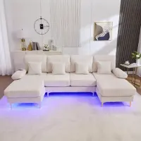LVHOM Divano angolare a U con funzione letto e illuminazione a LED, divano da salotto con connessione USB, divano in tessuto a coste, beige