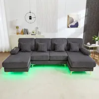 LVHOM Divano angolare a U con funzione letto e illuminazione a LED, divano da salotto con connessione USB, divano in tessuto a coste, grigio