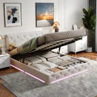 Fortuna Letto imbottito Lai 160x200 cm, letto contenitore idraulico con LED, rete a doghe e giroletto, beige