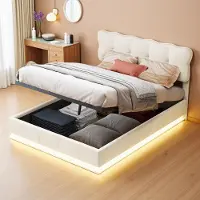 Fortuna Letto imbottito Lai 140x200 cm, LED, rete, idraulico, testata regolabile, velluto, beige