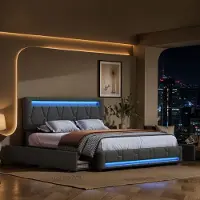 Fortuna Letto imbottito Lai 140x200 cm in grigio, letto funzionale in lino con illuminazione a LED, testata regolabile in altezza e 4 cassetti - letto matrimoniale con contenitore