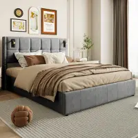 UnboxG Letto imbottito 140x200cm con LED, letto a molle con rete a doghe, letto matrimoniale con contenitore, letto funzionale con contenitore, velluto, grigio