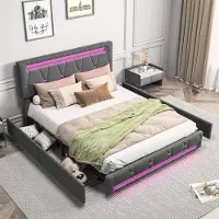 Fortuna Letto imbottito Lai 160x200cm con testata regolabile in altezza e 4 cassetti, illuminazione a LED, letto funzionale letto matrimoniale in lino, grigio