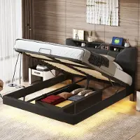 Fortuna Letto imbottito Lai 140x200 cm, letto galleggiante con LED, USB e Type-C, contenitore e testata regolabile in altezza, nero