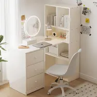 Flieks Scrivania con 3 cassetti e 4 scomparti, scrivania angolare con libreria, scrivania per bambini 117x63x135 cm, bianca