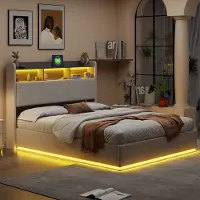 UnboxG Letto imbottito 140×190 cm Bianco in velluto – Letto matrimoniale con luce LED, testiera con spazio contenitivo e funzione di ricarica USB, letto moderno in tessuto