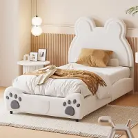 Fortuna Letto imbottito Lai 90x200cm, letto per bambini a forma di orso, letto singolo in tessuto vellutato skin-friendly, bianco