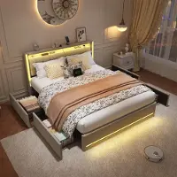 Fortuna Letto imbottito Lai 160x200 cm in beige, letto matrimoniale con LED, funzione di ricarica USB, testata e 4 cassetti, letto contenitore con rete a doghe in legno