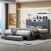 Fortuna Letto imbottito Lai 160x200 cm con 3 cassetti, testata con vano portaoggetti, letto matrimoniale youth bed LED & USB, velluto, grigio