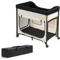SucceBuy Letto rialzato per animali (L), letto pieghevole per cani in tessuto Oxford 600D e velluto olandese, letto portatile con ruote, tasche laterali e borsa per il trasporto, beige