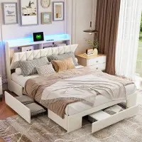 UnboxG Letto imbottito 140x200cm matrimoniale con USB e prese, LED/Tipo C, 3 cassetti, letto in legno massiccio con rete a doghe e testata, letto contenitore funzionale, velluto, beige