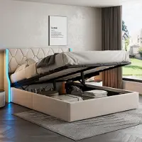 Fortuna Letto imbottito 160x200 cm con rete idraulica, LED e rete a doghe, beige - Lai