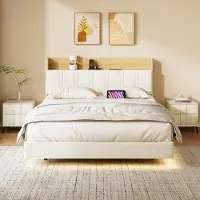 UnboxG Letto sospeso 140x190 cm con illuminazione a LED, testiera con vano portaoggetti e stazione di ricarica UE, in Pelle fintaPoliuretanoe rovere