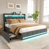 Fortuna Letto imbottito 160x200cm con USB, letto per ragazzi letto matrimoniale con rete a doghe e 4 cassetti, letto contenitore con LED, lino, grigio