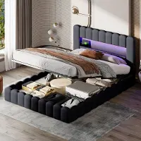 Fortuna Letto imbottito Lai 160x200cm con USB, letto giovanile letto matrimoniale con rete a doghe e contenitore, letto contenitore con LED, lino, grigio