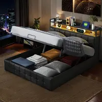 CDGlobal Letto imbottito 160x200cm con USB e rete a doghe, letto a molle idrauliche con contenitore, letto matrimoniale con testata contenitore e LED, PU, nero