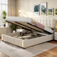 Fortuna Letto imbottito Lai 140x200cm con contenitore, rete a doghe e rilevatore di movimento, velluto, legno massiccio, beige
