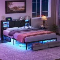 Fortuna Letto imbottito 140x200 con LED e USB/Type-C - struttura in metallo e legno