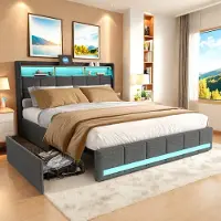 Fortuna Letto funzionale Lai letto imbottito 140x200 cm, letto matrimoniale con ricarica USB e vano contenitore sulla testata, lino, grigio