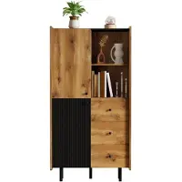 LVHOM Credenza con cassetti e ante, libreria cassettiera alta con ripiani aperti, libreria mobile alta, rovere/nero
