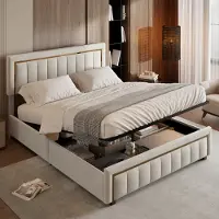 Fortuna Letto imbottito 160x200cm con contenitore e rete a doghe, letto matrimoniale con schienale, bordo dorato letto matrimoniale letto matrimoniale letto funzionale in velluto, beige