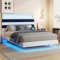 Fortuna Letto imbottito 140x190 con LED, stazione di ricarica USB e testata regolabile, bianco + blu