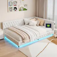 Fortuna Lai letto da giorno imbottito 140x200cm con LED e connessione USB, divano letto con rete a doghe in peluche, letto funzionale letto matrimoniale letto per bambini, bianco