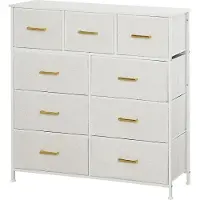 Fortuna Lai Comò Credenza con 9 cassetti in tessuto, cassettiera con piano di lavoro, maniglia, armadio contenitore per soggiorno, camera da letto, bianco crema