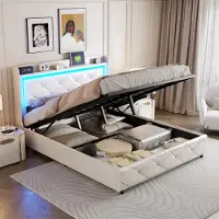 UnboxG Letto imbottito 140x200cm con funzione di ricarica (USB&Typ-c), letto giovanile letto matrimoniale letto contenitore con LED, letto a molle idrauliche, PU, bianco
