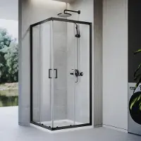 Sonni Cabina doccia 90 x 100 x 185 cm nero opaco, porta scorrevole con binario superiore e inferiore, vetro da 5 mm, telaio della porta con possibilità di regolazione di 20 mm