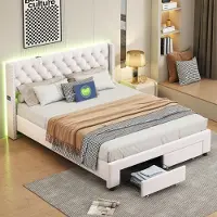 UnboxG Letto imbottito 180x200cm con USB e prese, letto per ragazzi letto matrimoniale con 2 cassetti, letto contenitore letto in legno massiccio con LED e rete a doghe, velluto, beige