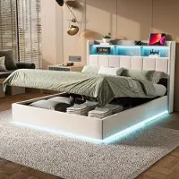 Fortuna Letto imbottito Lai 140x200 cm, LED, USB, letto contenitore con rete a doghe, letto giovanile in velluto, beige
