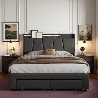 UnboxG Letto a molle 160×200 cm Grigio, letto imbottito in lino con 2 cassetti nella parte inferiore, testiera LED, porta USB, letto contenitore per camera da letto e camera degli ospiti