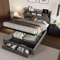 ProximaX Letto con base a gas 140x190 cm con illuminazione a LED, stazione di ricarica USB e 4 cassetti, testiera con vano contenitore, tessuto in lino, grigio