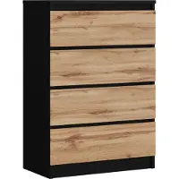 3Xeliving Comodino con 4 cassetti, colore: nero / rovere Wotan, dimensioni: 70 x 101 x 39 cm