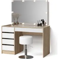 Livinity Tavolo da toeletta Imola Bianco/Sonoma con specchio, catena luminosa LED e sgabello, Model 52370
