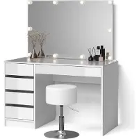 Livinity Tavolo da toeletta Imola Bianco con specchio, catena luminosa LED e sgabello, Model 52325