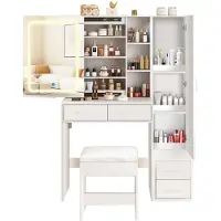 Zelurxx Specchiera da trucco a LED con presa di corrente, specchio scorrevole con 3 colori di luce, ampio spazio di archiviazione, larghezza 654 mm, sgabello incluso, bianco