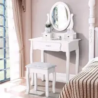 CDGlobal Tavolo da toilette con illuminazione e specchio, in 3 cassetti, tavolo da toilette con sgabello da trucco girevole regolabile in altezza, tavolo cosmetico con sgabello, bianco