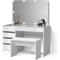 Livinity Tavolo da toeletta Imola Bianco con specchio, catena luminosa LED e panca, Model 52323