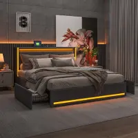 ProximaX Struttura letto matrimoniale 140 x 200 cm con 4 cassetti, imbottita con illuminazione LED, contenitore, tessuto di lino, senza materasso, grigio