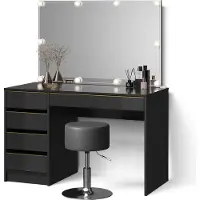Livinity Tavolino da toilette Imola Nero/Oro con specchio, catena luminosa LED e sgabello, Model 52460