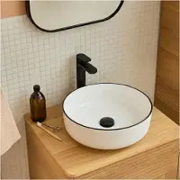 MOB-IN Lavabo da appoggio rotondo in Vetroceramica bianca con bordo nero, 37cm ALIX
