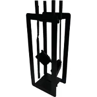 Mat strumenti per caminetto. h.60cm, metallo nero, set di 4 pezzi. con supporto